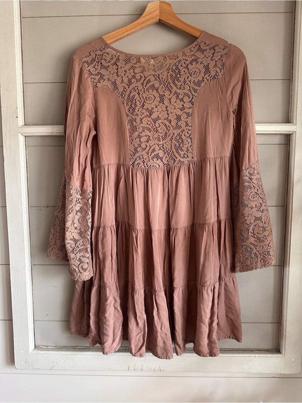 Ya Los Angeles Dusty Rose Tiered Mini Dress with Lace Sleeves - Picture 4 of 5